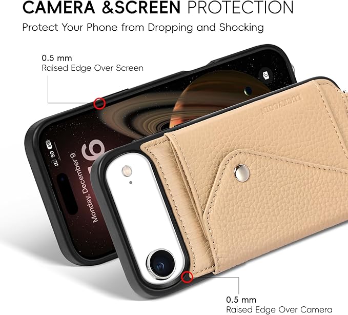 LUCKYCOIN Crossbody Wallet Phone Case for iPhone Air,100% Genuine Leather Wallet Phone Case with Expandable Flip Card Holder,Phone Purse for Women with Adjustable Removable Strap - Pebble Beige