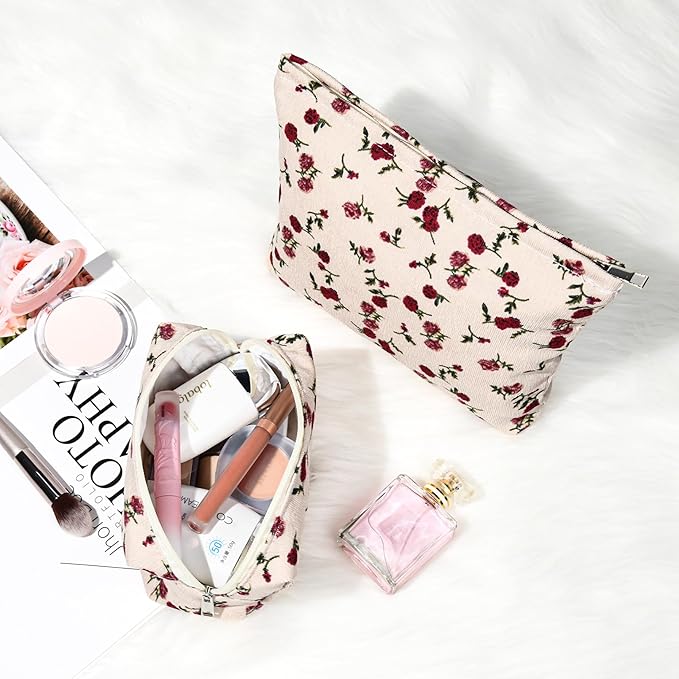 SOIDRAM 2 Pieces Rose Makeup Bag Large Corduroy Cosmetic Bag Capacity Canvas Mix Travel Toiletry Bag Organizer Cute Makeup Brushes Aesthetic Accessories Storage Bag for Women, Rose Mix White