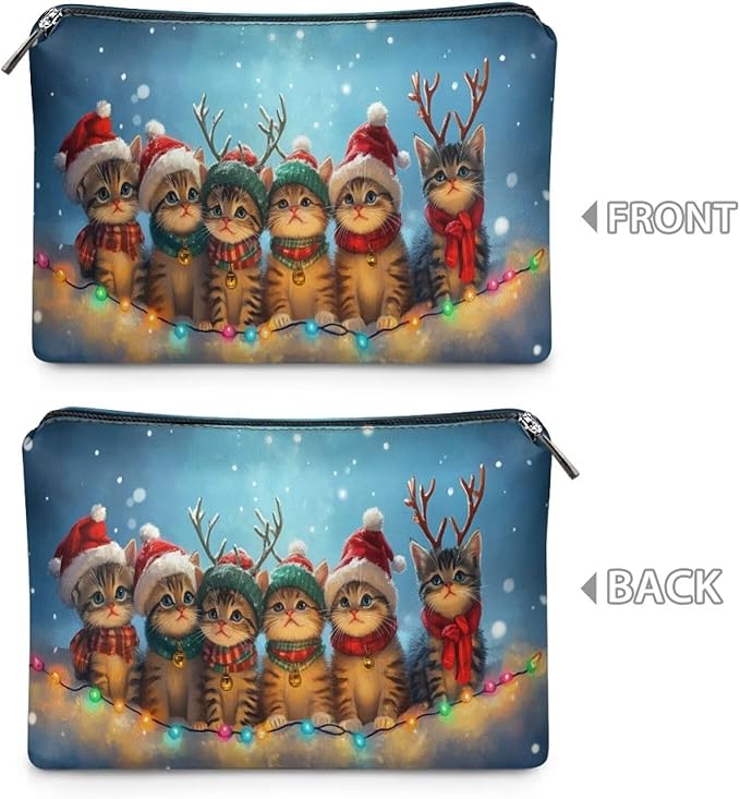 COEQINE Xmas Lights Cat Makeup Bag for Women Leather Mini Cosmetic Bag For Purse Cute Aesthetic Toiletry Bag for Ladies Travel Make Up Brush Holder Lips Storage Holiday Handbags
