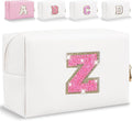 Small Personalized Glitter Initial Letter Makeup Bag, Cute PU Leather Chenille Letters Cosmetic Bag Travel Makeup Pouch, Preppy Travel Organizer Zipper Pouch for Women&Girls（WhiteRosePink-Z）