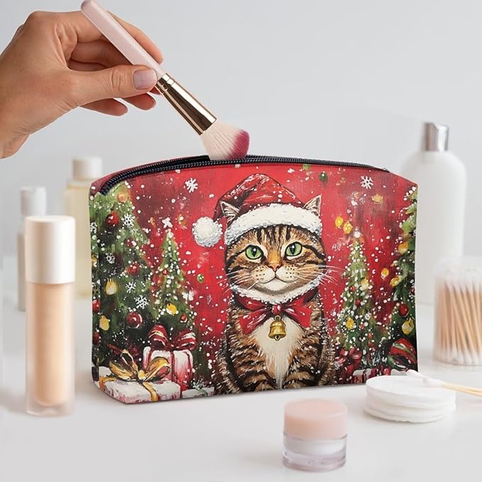COEQINE Christmas Tree Cat Cosmetic Bag for Women Leather Waterproof Phone Pouch Travel Makeup Bag Large Capacity Waterproof Portable Wallet Handbags with Zipper Ladies Xmas Gifts