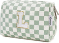 Narwey Birthday Gifts for Teen Girls Women Personalized Initial Checkered Makeup Bag Preppy Cosmetic Bag Trendy Stuff 6 8 10 11 12 13 14 16 18 Years Old Travel Toiletry Bag (Green Letter L)