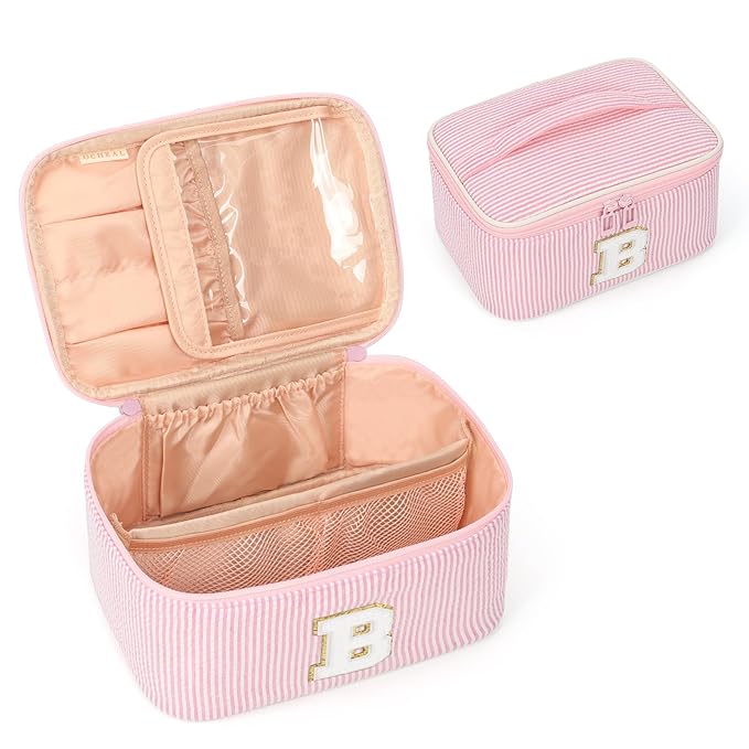 OCHEAL Makeup Bag for Women, Monogram Cosmetic Bag with Brush Holder, Pink Travel Makeup Case Beauty Toiletry Bag Organizer Personalized Gifts for Girls Bridesmaid, Sister, Wife, Friends Initial B