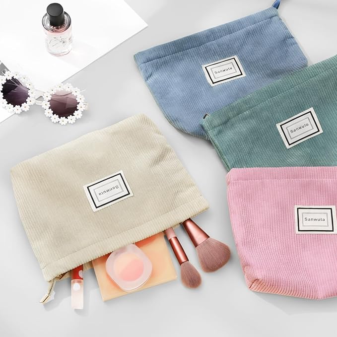 Sanwuta 4 Pack Velvet Makeup Bag Cosmetic Bag for Women Large Capacity Corduroy Pouch Zipper Canvas Travel Toiletry Purse Make up Organizer Case Accessories (Light Color,Plaid)