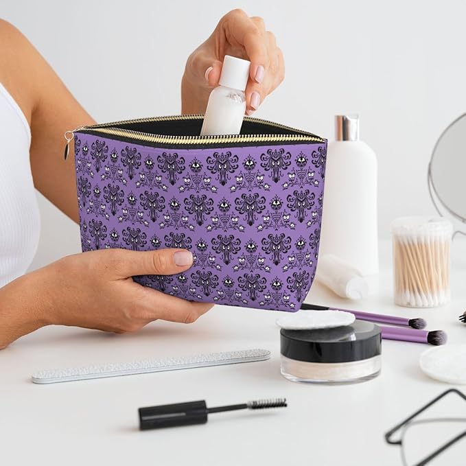Haunted the Mansion Small Makeup Bag for Women - Leather Travel Cosmetic Bag Make Up Pouch Mini Travel Zipper Pouch - Makeup Organizer Bag