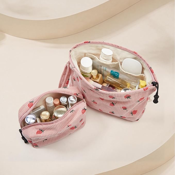 Makeup bag set small Cosmetic bag for women purse Corduroy Organizer with interior Pockets,cute Pencil zipper Pouch travel Toiletry Bag with handle((Strawberry Pink)