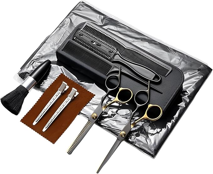 Hair Cutting Scissors Kit 11PCS, Professional Haircut Scissors with Japanese Stainless Steel Shears, Thinning Shears, Haircut Accessories in Leather Case for Salon/Home (Black - Gold)