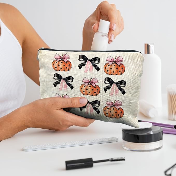 Coquette Halloween Makeup Bags - Bow Pumpkins Cosmetic Gifts for Women