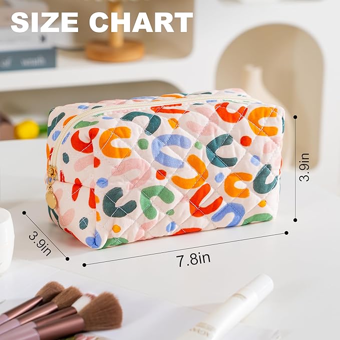 Makeup Bag Travel Toiletry Bag for Women, Small Cosmetic Bags Cute Quilted Cotton Makeup Pouch for Purse Emergency Bag for School Floral Pencil Case Accessory Bag, Colorful