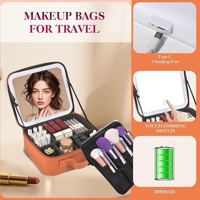 Travel Makeup Bag With LED Mirror,Cosmetic Train Case with 3 Color Setting,Cosmetic Makeup Organizer Bag with Adjustable Dividers,Portable Make up Box with Make up Brushes Holder Storage（Caramel）