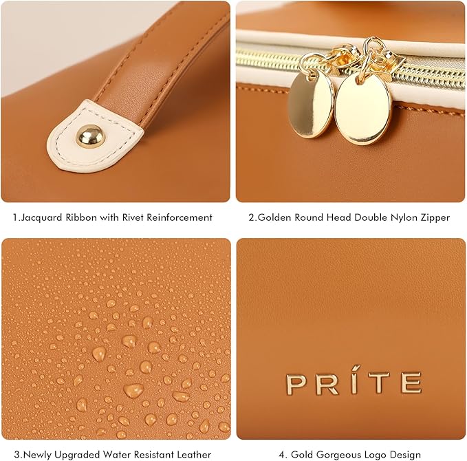 Prite Makeup Bag for Women Travel Waterproof Vegan Leather Cosmetic Bag Open Flat Toiletry Bag With Clear Divider and Handle