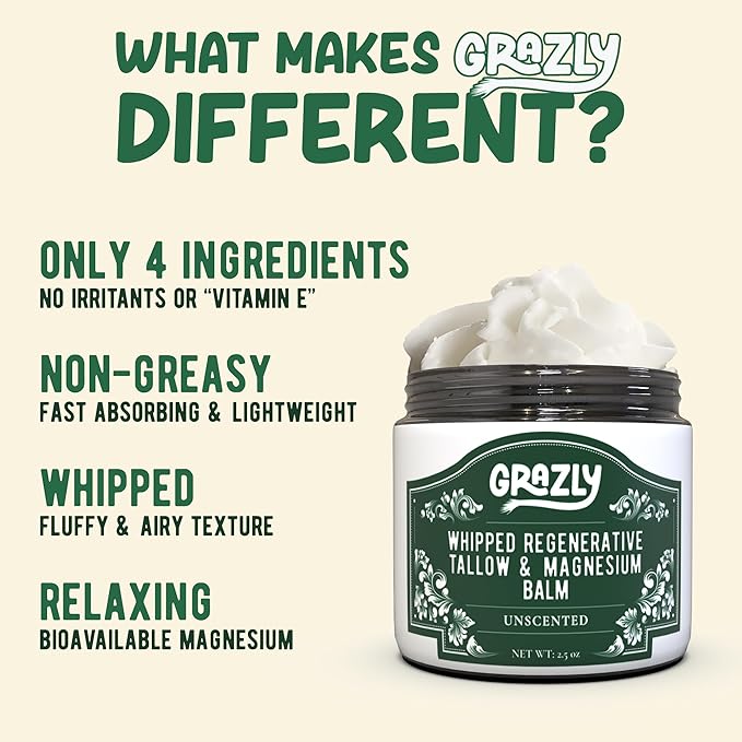 Whipped Beef Tallow for Skin w/Dead Sea Magnesium, Manuka Honey & Jojoba Oil - Grass Fed Beef Tallow Balm - Body & Face Moisturizer for Dry, Sensitive Skin - Unscented - 2.5oz