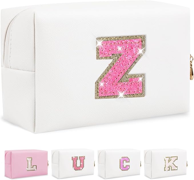 Initial Letter Patch Makeup Bag, Preppy Glitter Pouch Cosmetic Bag, Small PU Travel Toiletry Bag Zipper, Personalized Monogrammed Gift for Friends, Sisters & Teens (Letter Z)