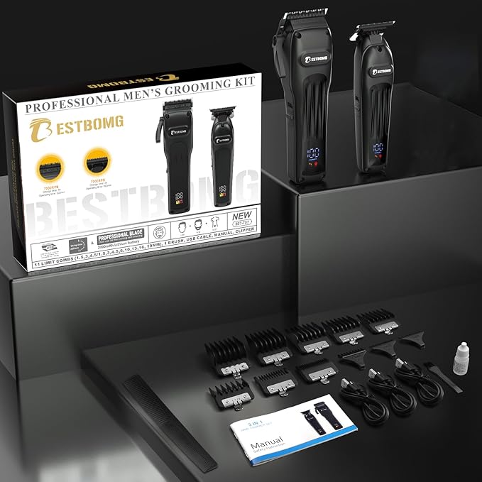 BESTBOMG® Professional Hair Clippers for Men, Professional Barber Clippers and Trimmer Set, Mens Cordless Hair Clipper for Barbers Haircut Kit Fade, BS-808A (Black)