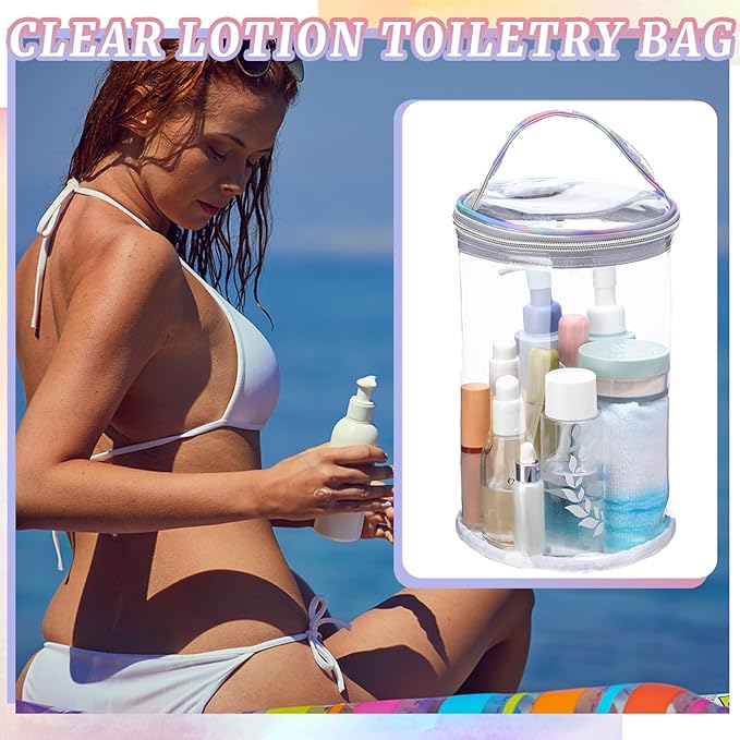 Clear Lotion Bag for Toiletry Cylinder Makeup Bag Heavy Duty Sunscreen Travel Organizer Pouch Waterproof Cosmetic Bag with Handle Zipper Gift for Christmas Beach Pool Airport Women(Silver)