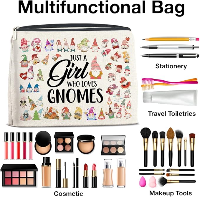 Gnome Lover Makeup Bag - Gifts for Women, Girl, Daughter, Sister, Bestie - Just a Girl Who Loves Gnomes Zipper Makeup Pouch