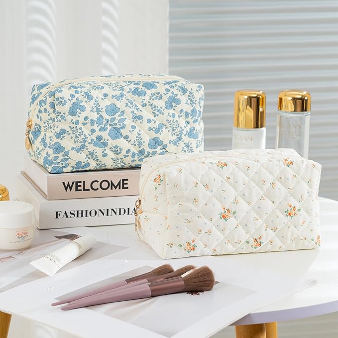 Makeup Bag Travel Toiletry Bag for Women, Small Cosmetic Bags Cute Quilted Cotton Makeup Pouch for Purse Emergency Bag for School Floral Pencil Case Accessory Bag, Orange Floral