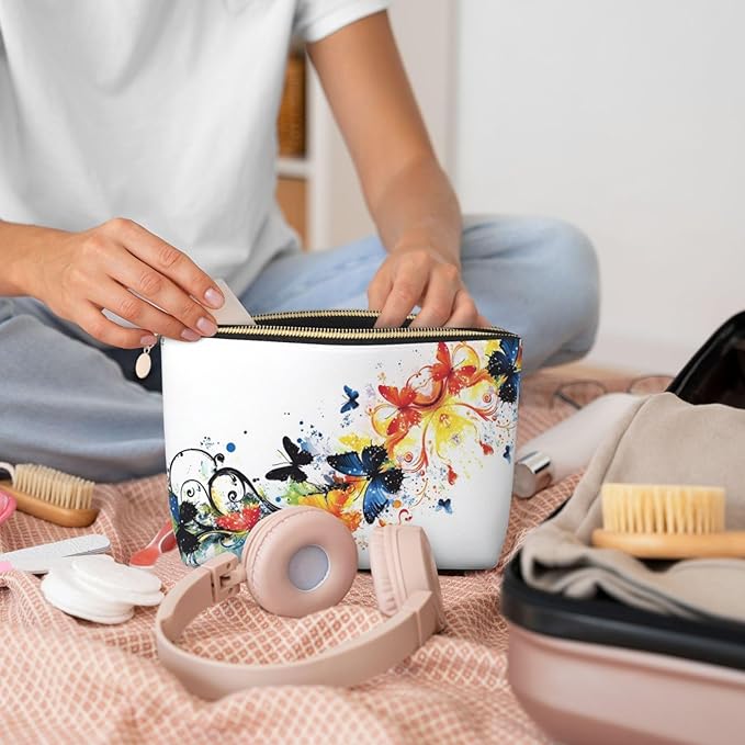 Womens Leather Makeup Bag Cosmetic Bag Travel Toiletry Bags Make Up Bags for Women Adult (Elegant Butterflies)