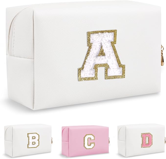 Personalized Initial Preppy Patch Makeup Bag, Small Travel Cute Cosmetic Pouch Makeup Case Organizer Toiletry Zipper Pouch, Waterproof Chenille Letter Storage Bag Gift for Women Friendship(Letter A)