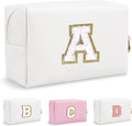 Personalized Initial Preppy Patch Makeup Bag, Small Travel Cute Cosmetic Pouch Makeup Case Organizer Toiletry Zipper Pouch, Waterproof Chenille Letter Storage Bag Gift for Women Friendship(Letter A)