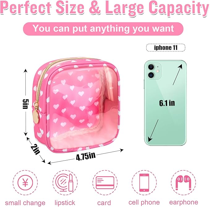 Mini Clear Travel Makeup Organizer Bag for Purse, Small Cute Preppy Pink Makeup Bag Cosmetic Zipper Pouch Purse, Transparent PVC & Nylon Waterproof Toiletry Storage Clutch for Women Girls(Pink Heart)