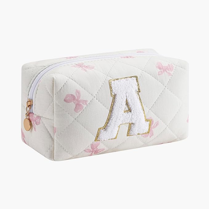 Gleyemor Personalized Initial Makeup Bag for Women, Cute Quilted Pink Floral Cotton Cosmetic Bag, Christmas Gifts for Her Mom Friend Sister Bridesmaid Teacher Women A