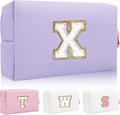 Personalized Initial Letter Patch Makeup Bag, Preppy Small Chenille Cosmetic Bag with Zipper, PU Leather Waterproof Travel Toiletry Bag Monogram Make Up Pouch for Women Girls