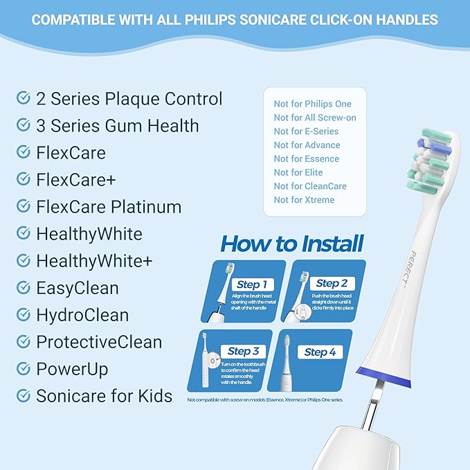 PERECT Soft Replacement Toothbrush Heads 6-Pack for Philips Sonicare Click-On Models – Fits 4100, 5100, 6100, 9023, W Optimal Plaque Control, Not Compatible with Essence/E-Series or Philips One
