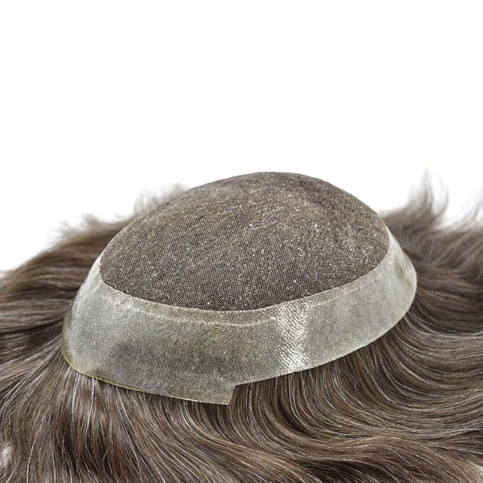 FACE MIRACLE Hair System for Men French Lace Mens Toupee Human Hair Replacement System Lace with PU Toupee for Men Male Hair Piece Wigs 8"X10" #710 7# VERY LIGHT BROWN WITH 10% SYNTHETIC GREY