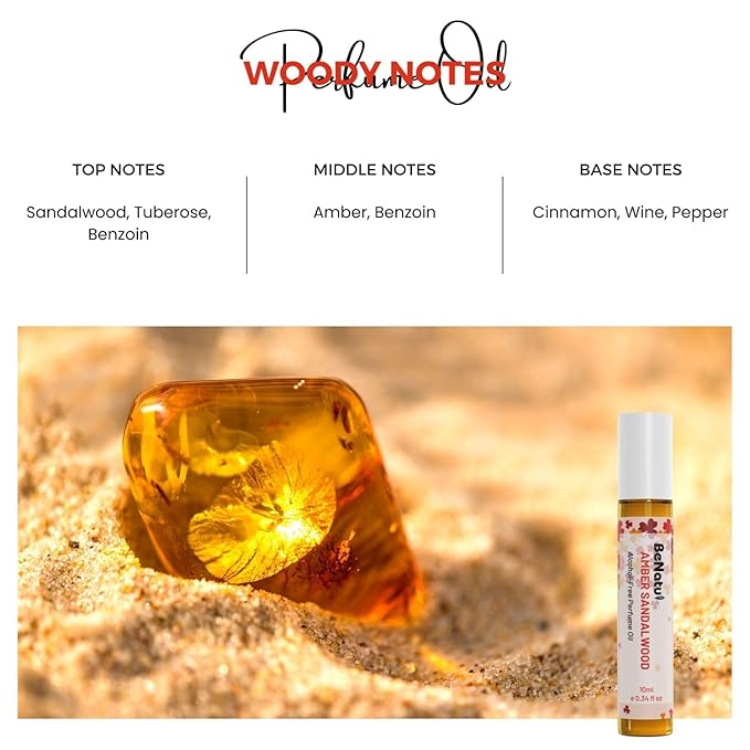 Amber Sandalwood Perfume Oil Roll On for Women and Men, Alcohol Free Eau de Parfum, Travel Size Essential Oil Body Fragrance, Concentrated Long Lasting Spicy Woody Scent, 10 ml