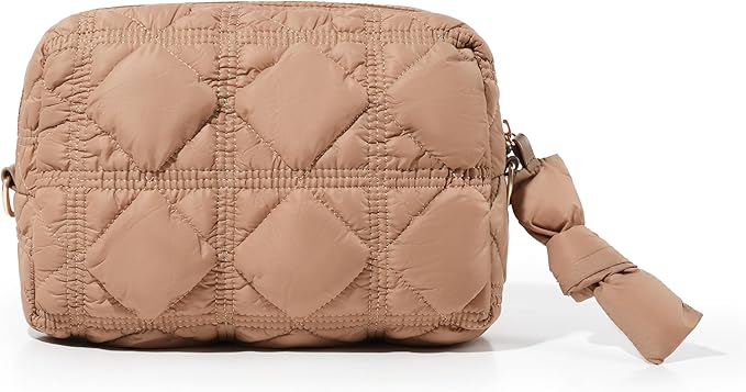 Yarnic Quilted Makeup Bag Cosmetic Bag, Travel Toiletry Bag for Women, Cute Makeup Bag Organizer Puffer Makeup Pouch (M, Khaki)