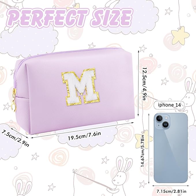 Gifts for Girls Initial Makeup Bag Personalized Cosmetic Bag with Zipper Cute Travel Toiletry Bag Waterproof PU Preppy Makeup Pouch Birthday Gift for Teen Girls Women(Purple M)