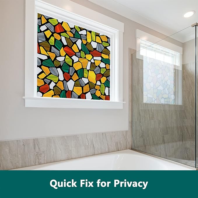 Volcanics Decorative Stained Glass Window Privacy Film with Installation Tools– Static Cling Privacy Sticker for Home & Church, Non-Adhesive, Anti-UV & Heat Blocking, 35.4 x 78.7 Inches