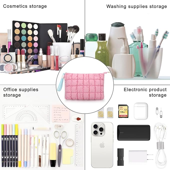 DOB SECHS Puffer Quilted Makeup Bag with Handle, Cute Puffy Cotton Cosmetic Bags for Women, Checkered Quilt Toiletry Zipper Pouch, Travel Essentials Storage Organizer Large Clutch Pouches Case, Pink