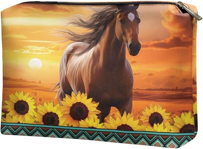 COEQINE Sunflower Western Cosmetic Purses for Women Weddings Western Cosmetic Pouch With Cute Horse And Sunset Print Mini Makeup Bag Travel Wedding Partry Purse With Zipper