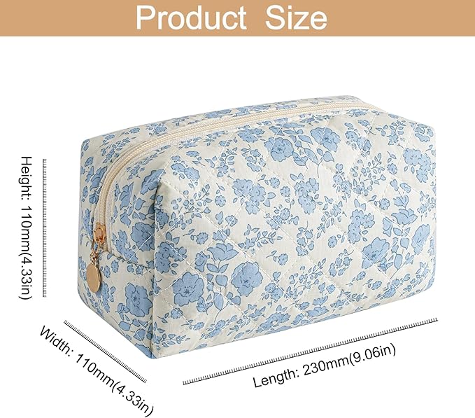 Makeup Bag Travel Cosmetic Bag for Women Girls, Zipper Make Up Pouch, Floral Flowers Toiletry Organizer Makeup, Portable Storage Cosmetic Travel Cloth Bag (Blue Floral+Pink Bow Tie)