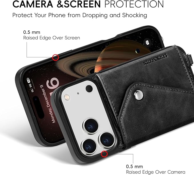 LUCKYCOIN Crossbody Wallet Phone Case for iPhone 17 Pro,100% Genuine Leather Wallet Phone Case with Expandable Flip Card Holder,Phone Purse for Women with Adjustable Removable Strap - Black