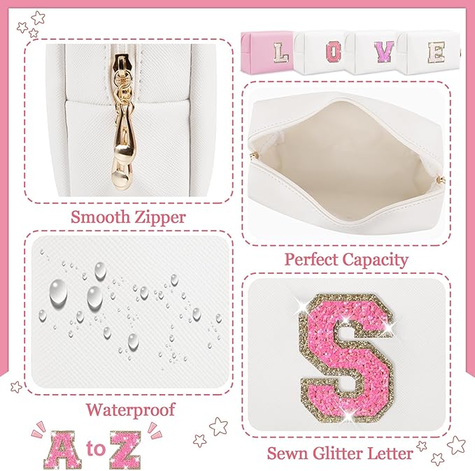Personalized Initial Letter Makeup Bag, Small Glitter Letter Patch Cosmetic Pouch Zipper, Preppy Makeup Organizer PU Waterproof Travel Toiletry Bag,Monogrammed Birthday Gift for Women Girls(Letter S)