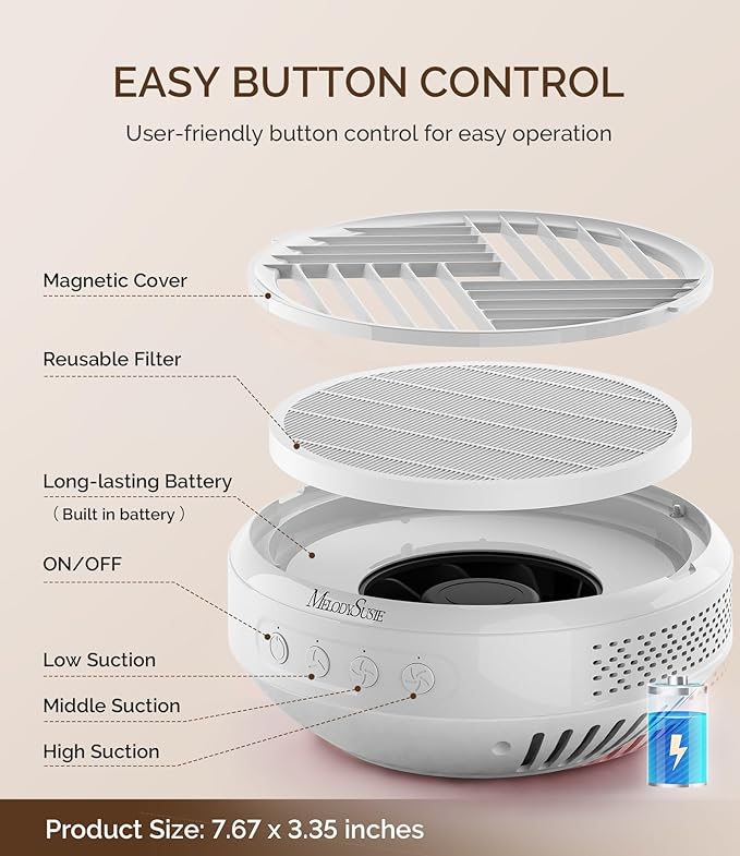 MelodySusie Cordless Nail Dust Collector,SProR 3500RPM Rechargeable Button Control Vacuum Fan Dust Extractor with Reusable Filter for Mobile Nail Tech, Salon & Home