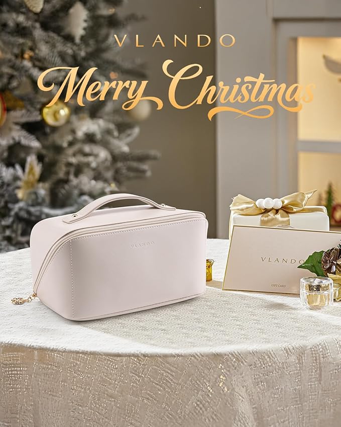 Vlando Travel Makeup Bag,Gifts for Women Large Capacity Toiletry Bag for Women Wide Open Cosmetic Organizer with Divider and Handle(White)