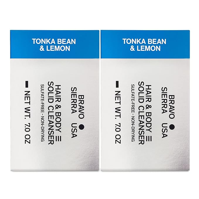 Bravo Sierra Body and Hair Mens Soap Bar, 2-Pack - All-In-One Shampoo & Soap for Face, Hair & Body - Tonka Bean & Lemon, 7 oz - Coconut, Shea Butter & Oat Flour for Soft Skin & Healthy Hair