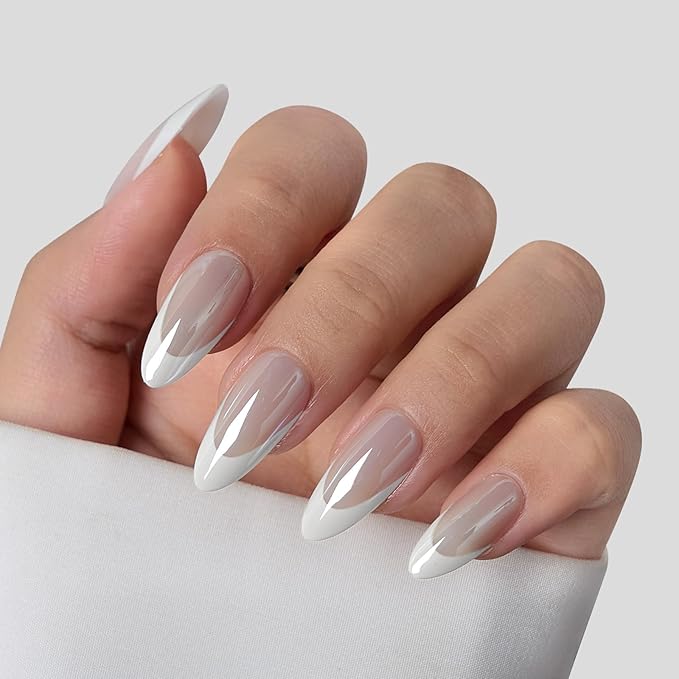 BTArtbox Press On Nails Almond - White French Tip Soft Gel Nails, Chrome Glue On Nails for Gifts, Natural Reusable Glazed Stick On Nails in 15 Sizes - 30 Fake Nails Kit, White Swan