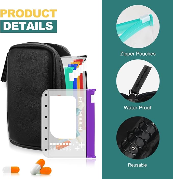 A7-L Water-Proof Pill Pouch Set， Large Pill Organizer, BPA Free, A7-L Pill Loose-Leaf Storage with Color-Coded Medicine Pouches, Reusable Travel Medicine Organizer， Zippered Pill Organizers Weekly