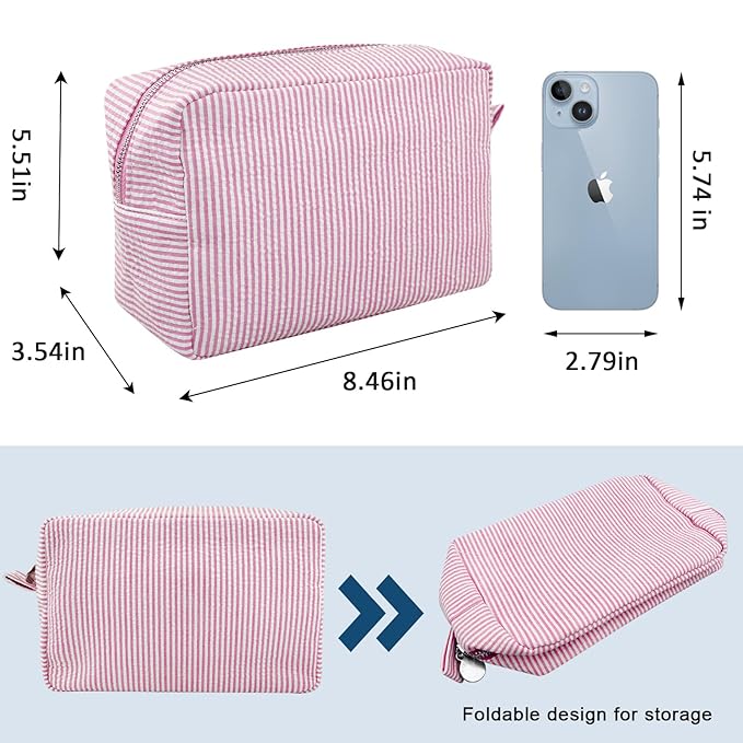 GFU Cosmetic Bag for Women, Large Makeup Bag, Travel Toiletry Stripe Cosmetic Bag, Seersucker Women Aesthetic Organizer Storage Pouch, Girls Handbags Purses (Pink)