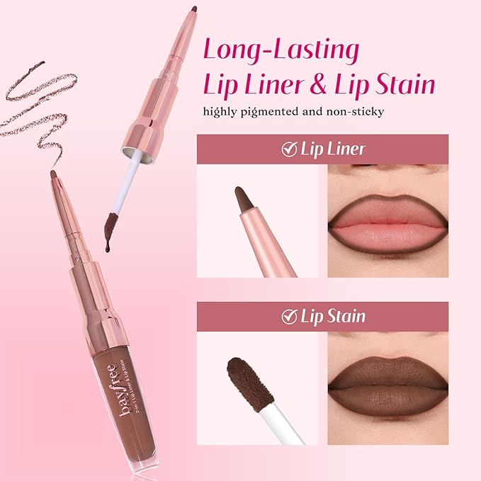 bayfree 2-IN-1 Lip Liner and Lip Stain, High Pigmented Long Lasting Velvet Lip Tint, Well-Defined Lipliner, Weightless Waterproof Not Animal Tested, Matte Finish Makeup