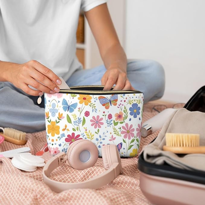 Womens Leather Makeup Bag Cosmetic Bag Travel Toiletry Bags Make Up Bags for Women Adult (Floral Butterflies)
