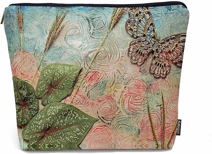 Women Cosmetic Bag Butterfly, Pond Green Leaves Floral Butterflies Cute Makeup Bag For Purse Cosmetic Travel Bag For Toiletries Makeup Storage Bag Flax Skincare Bag Make Up Pouch Bags