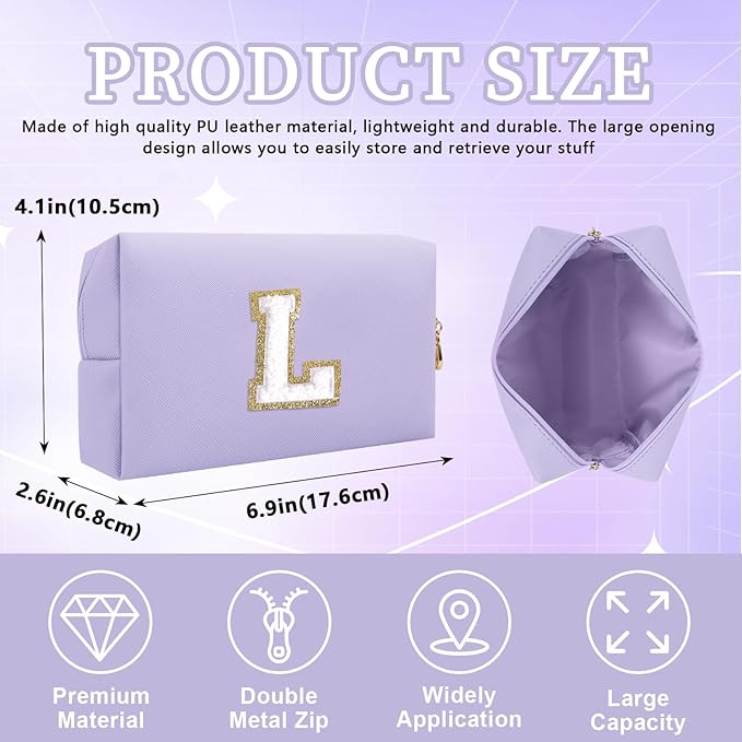 Personalized Initial Letter Patch Makeup Bag, Preppy Small Chenille Letter Cosmetic Bag with Zipper, PU Leather Waterproof Travel Toiletry Bag Monogram Make Up Pouch for Women Girls(Letter L)