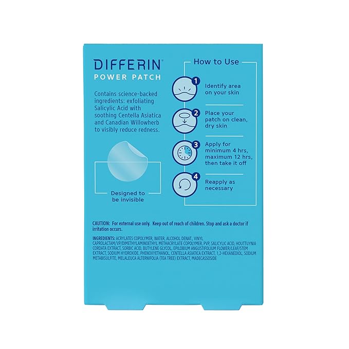 Differin Acne Patches, Pimple Patches for Acne Prone Skin, Formulated with Salicylic Acid and Centella, Fast Triple Action Power Patch for Day & Night, Dermatologist Tested, 36 Count (Pack of 12)