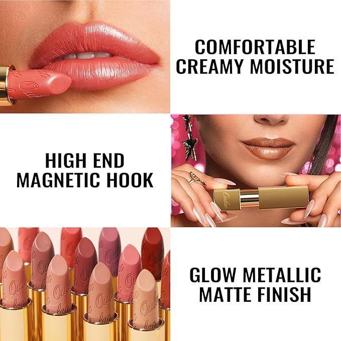 Oulac Matte Cinnamon Lipstick with Glow Metallic Finish - Vegan Lipstick for Women, Creamy Texture, Hydrating Clean Beauty Formula, High-End Magnetic Hook Design, GM03 Deep down
